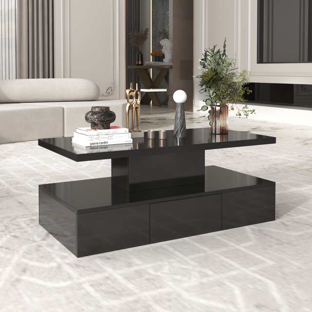 table Basse Moderne Noire à Fini Lustré – simple et Polyvalente, avec Tiroir Dissimulé