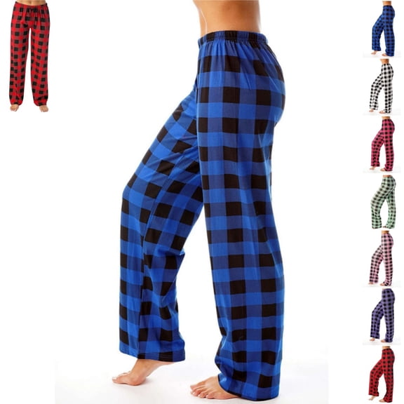 womens pajamas Pants Christmas Checkered Stretch Casual Loose Comfy Pants Sleep Bottom Blue L