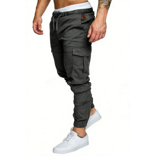 Pantalones largos para hombre, informales, de color liso, con bolsillos, cintura elástica, cordón ajustable y tobillos, deportivos, de poliéster.