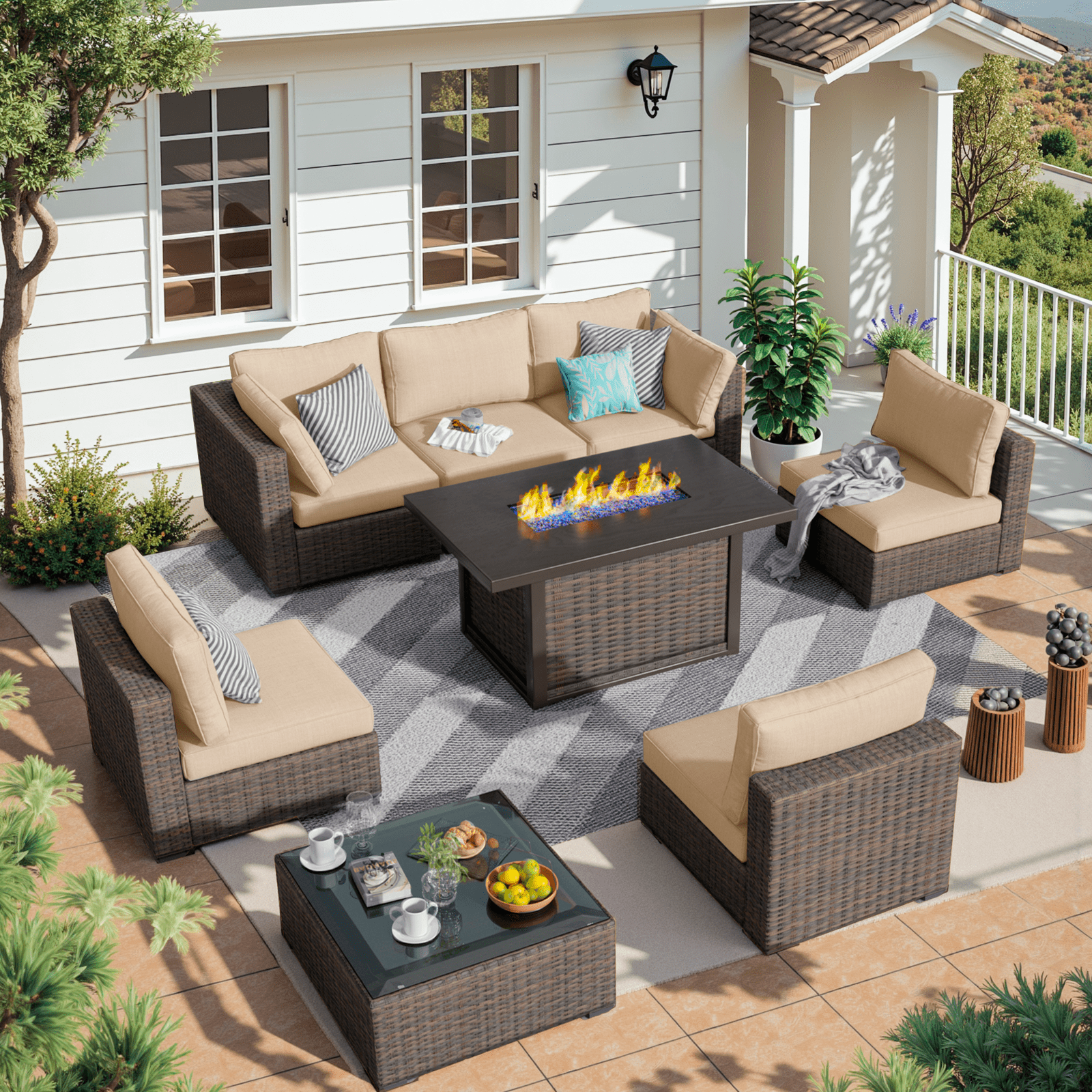 Gaildon 8 Piece Patio Furniture Set with Fire Pit Table, All Weather Outdoor Sectional PE Rattan, Patio Conversation Sets with Cushions and Glass Coffee Table for Garden Lawn Balcony Porch Deck