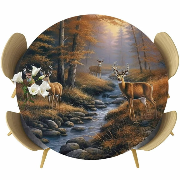 Deer in Round Fitted Table Cover Sunset Forest Waterproof Table Cloth with Elastic Edge Wipeable Tablecloth for Picnic Camping Party Fits 36"-44" Diameter