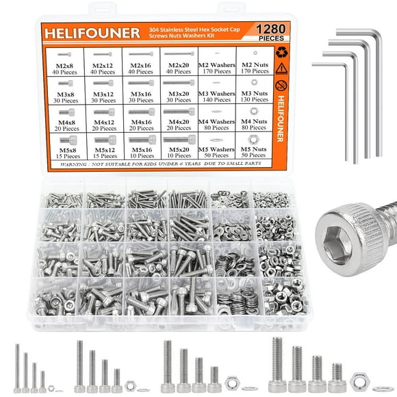 HELIFOUNER 1280 Pieces M2 M3 M4 M5 304 Stainless Steel Hex Socket Cap Metric Screws Bolts Washers Nuts Hardware Assortment Kit with Hex Wrenches