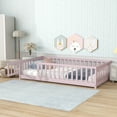 thumbnail image 3 of Harper & Bright Designs Twin Size Floor Bed with Fence and Door, Wood Twin Platform Bed with Guardrails for Bedroom, Pink, 3 of 16