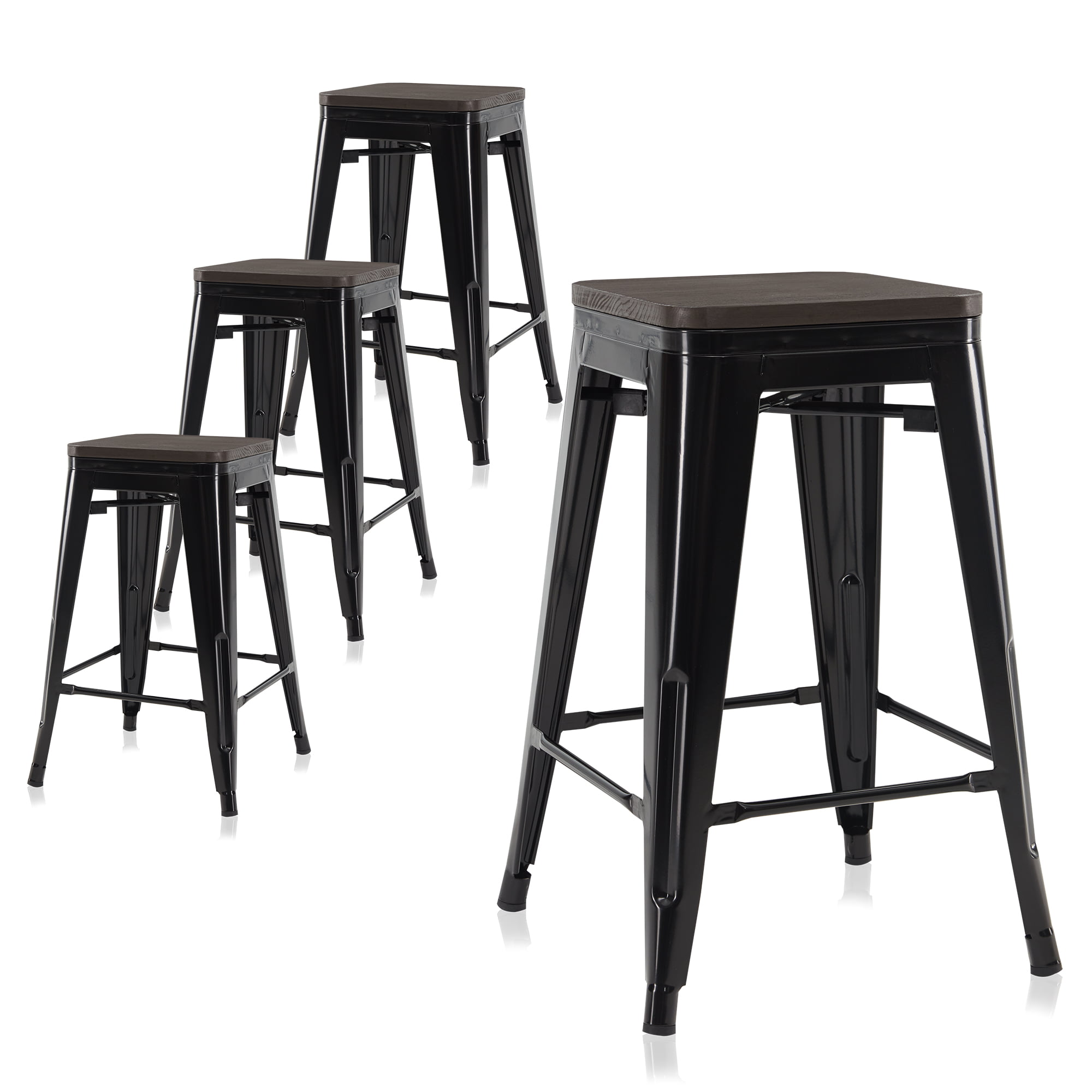 4pc Set Industrial Vintage Style Bar Height Stool with Full Back 30"inch Black 
