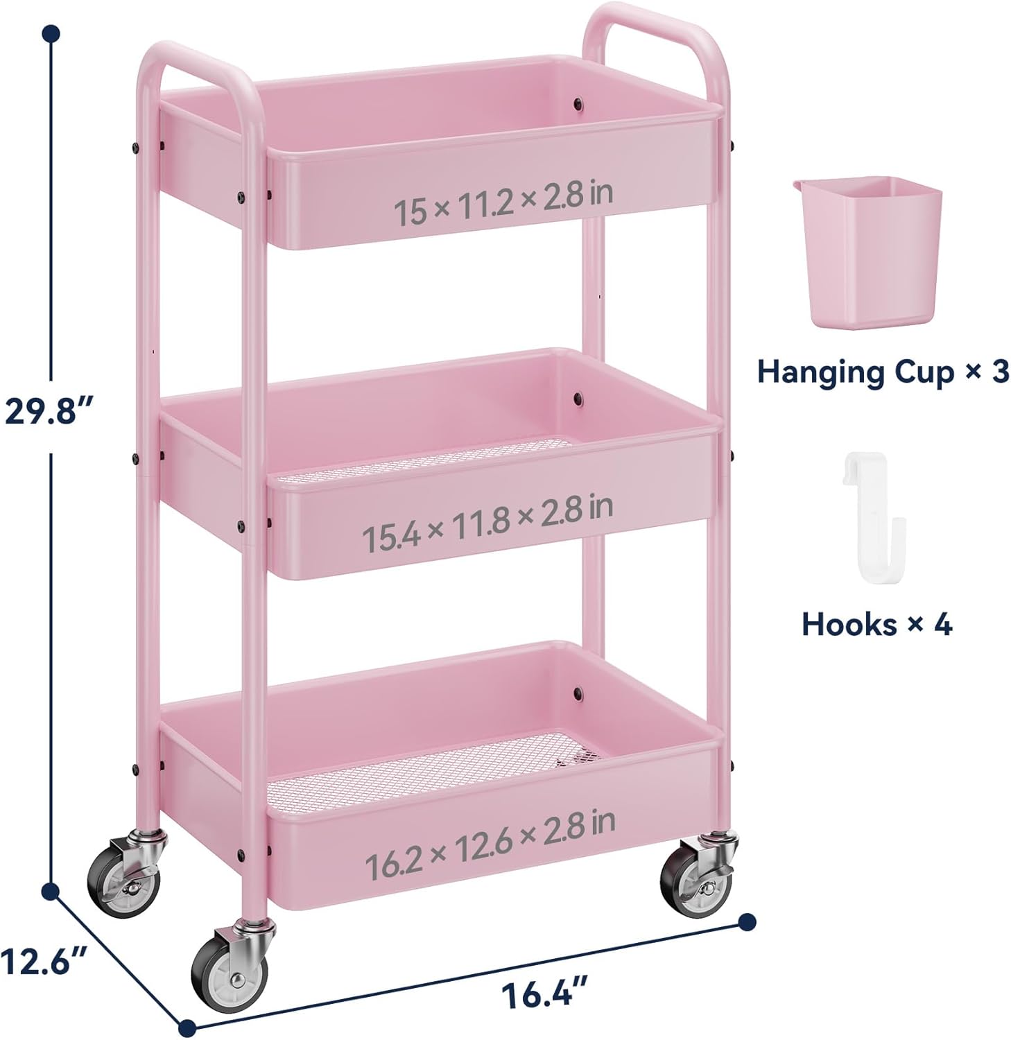 3-Tier Metal Rolling Cart, Heavy Duty Utility Cart with Lockable Wheels, Hanging Cups, Hooks, Mesh Rolling Storage Cart Craft Organizer, Lightweight and Sturdy, Pink