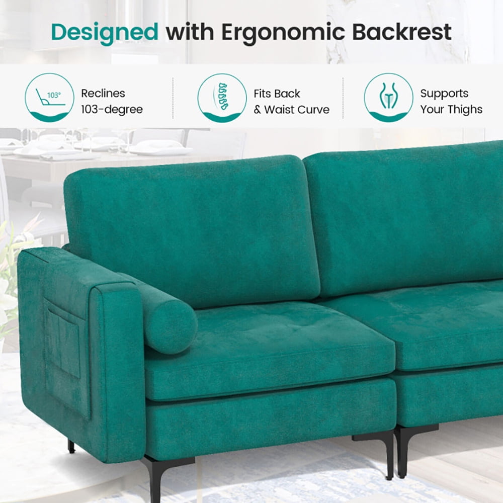 Finihen Sectional Sofa Couch, 3-Seat Sofa Sectional with Side Storage Pocket and Metal Leg, for Living Room, Bedroom, Teal Finihen Sectional Sofa Couch, 3-Seat Sofa Sectional with Side Storage Pocket and Metal Leg, for Living Room, Bedroom, Teal
