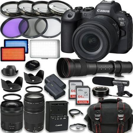 Image of Canon EOS R6 Mark II Mirrorless Camera with RF 24-105mm STM & 75-300mm III + 420-800mm HD Lenses Accessories: 2X 64GB Memory Cards LED Video Light Microphone Extra Battery Case & More