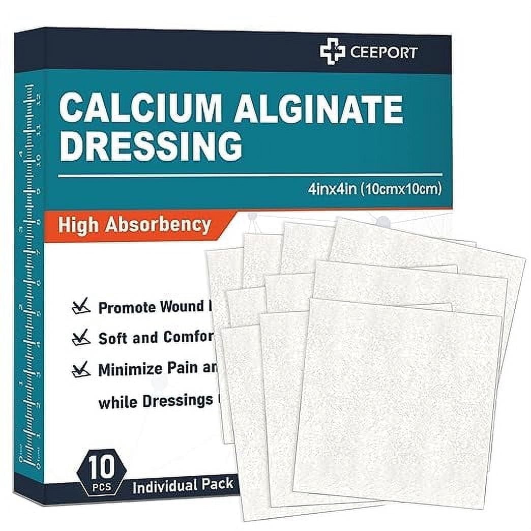 Ceeport Calcium Alginate Wound Dressing Pads, 4'' x 4'' Patches [10 Individual Pack], High Absorbency Dressing, Soft Wound Care Products, Comfortable & Gentle and Non Stick Gauze Pads for Wound Care