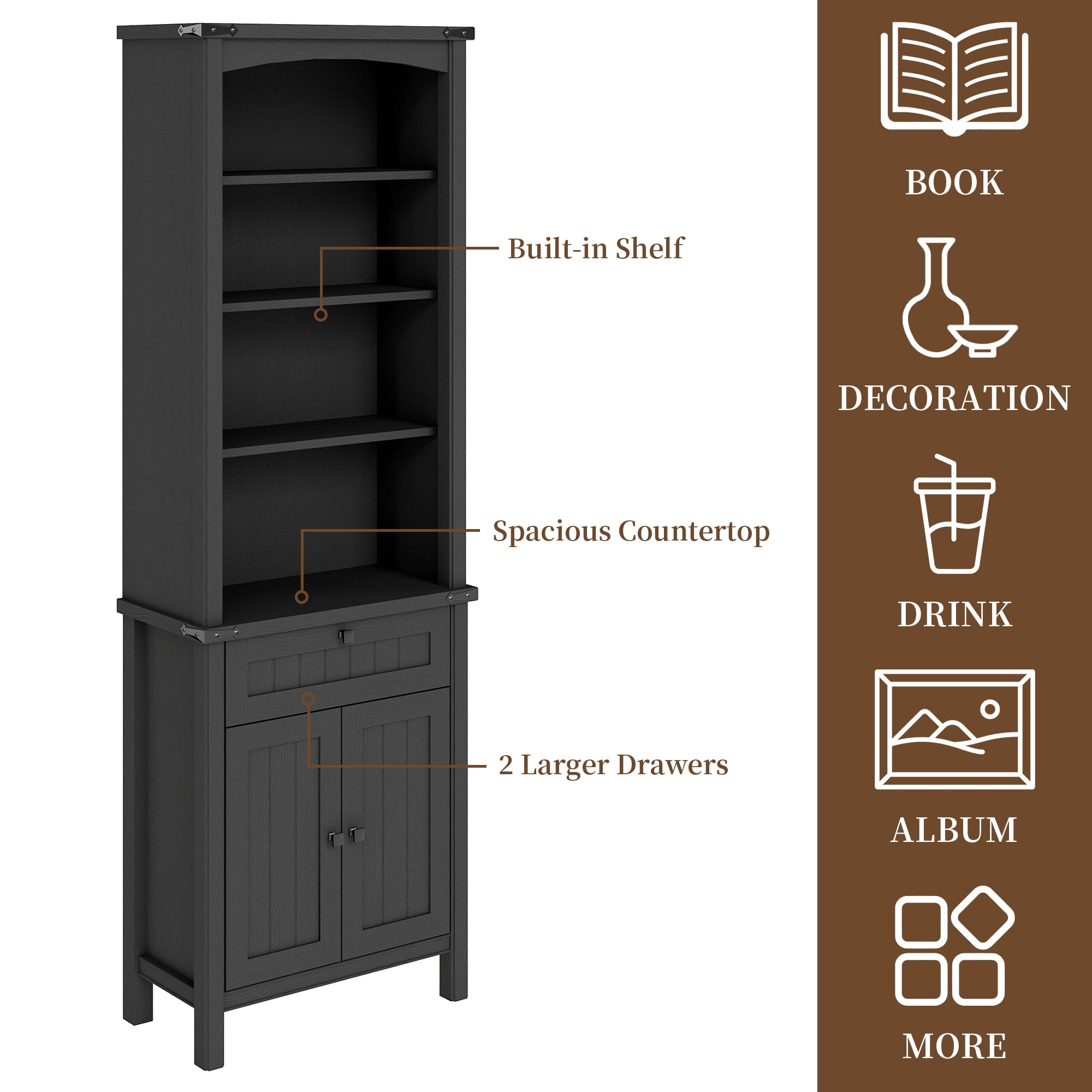 FIAKOA 3 PC Home Office Desk Set, Executive Office Desk Set with Charging Station & Bookshelf Set , Black