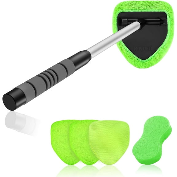 6 PCS Windshield Cleaner Tool – Car Interior Window Cleaning Kit with Extendable Handle & 4 Microfiber Pads, Auto Washing Brush for Car, Trucks, SUVs, RVs & Home Windows