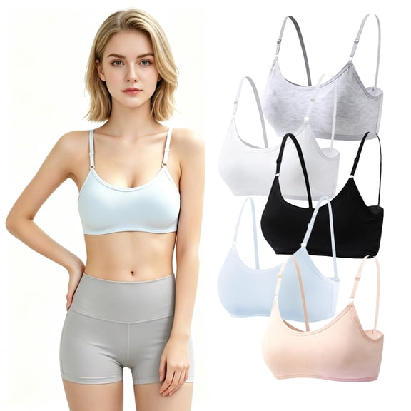 5 Pack Ultra-soft Cotton Non-wired Light Padding Bras with Adjustable Straps for Teen Girls 10-16