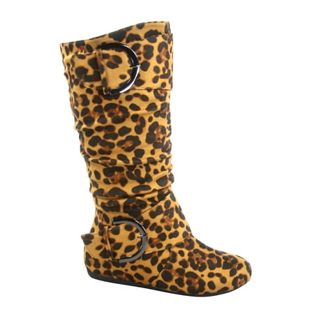 

Bank-81 Women s Fashion Zipper Big Buckle Slouch Casual Flat Heel Mid Calf Round Toe Boots