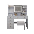 thumbnail image 6 of Large Wooden Vanity Set with Movable LED-Lit Cabinet Mirror, Modern Glass Desktop Makeup Table with Charging Station and Cushioned Stool, Dressing Table with 5 Drawers & 4 Hooks & 3 Shelves, 6 of 9