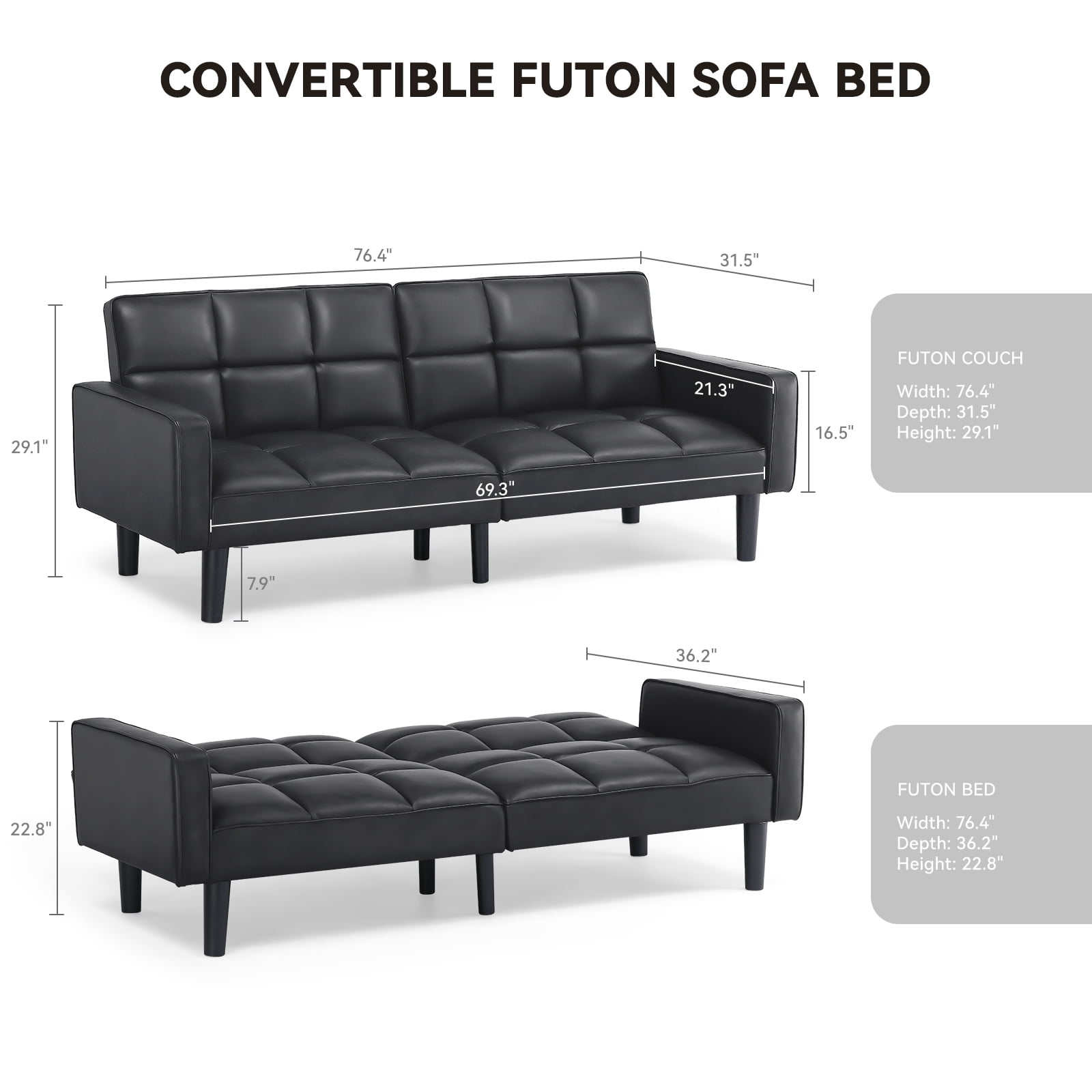 COMHOMA 76" Futon Sofa Bed PU Convertible Sofa with Adjustable Backrest Folding Sleeper Sofa,Black