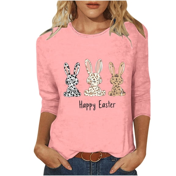 3/4 Sleeve Tee for Women Crewneck Blouses Trendy Easter Bunny Top Lightweight Outfits Clothing