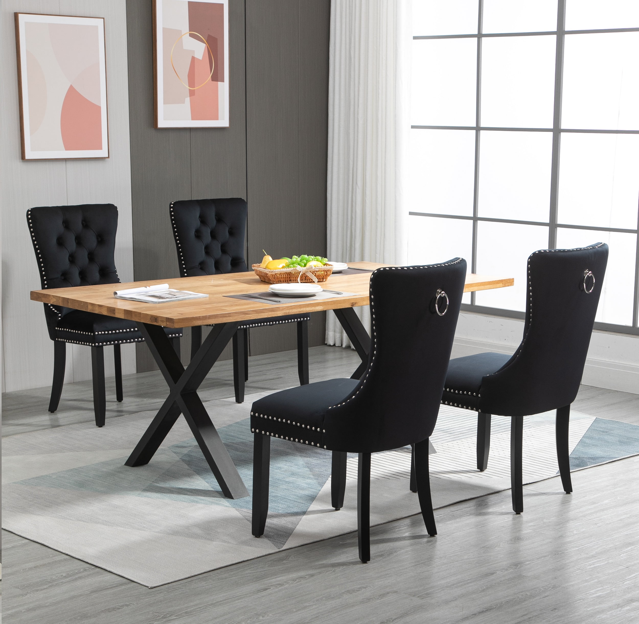 Rhomtree Contemporary Wood Tufted Dining Side Chairs, Black (Set of 4)