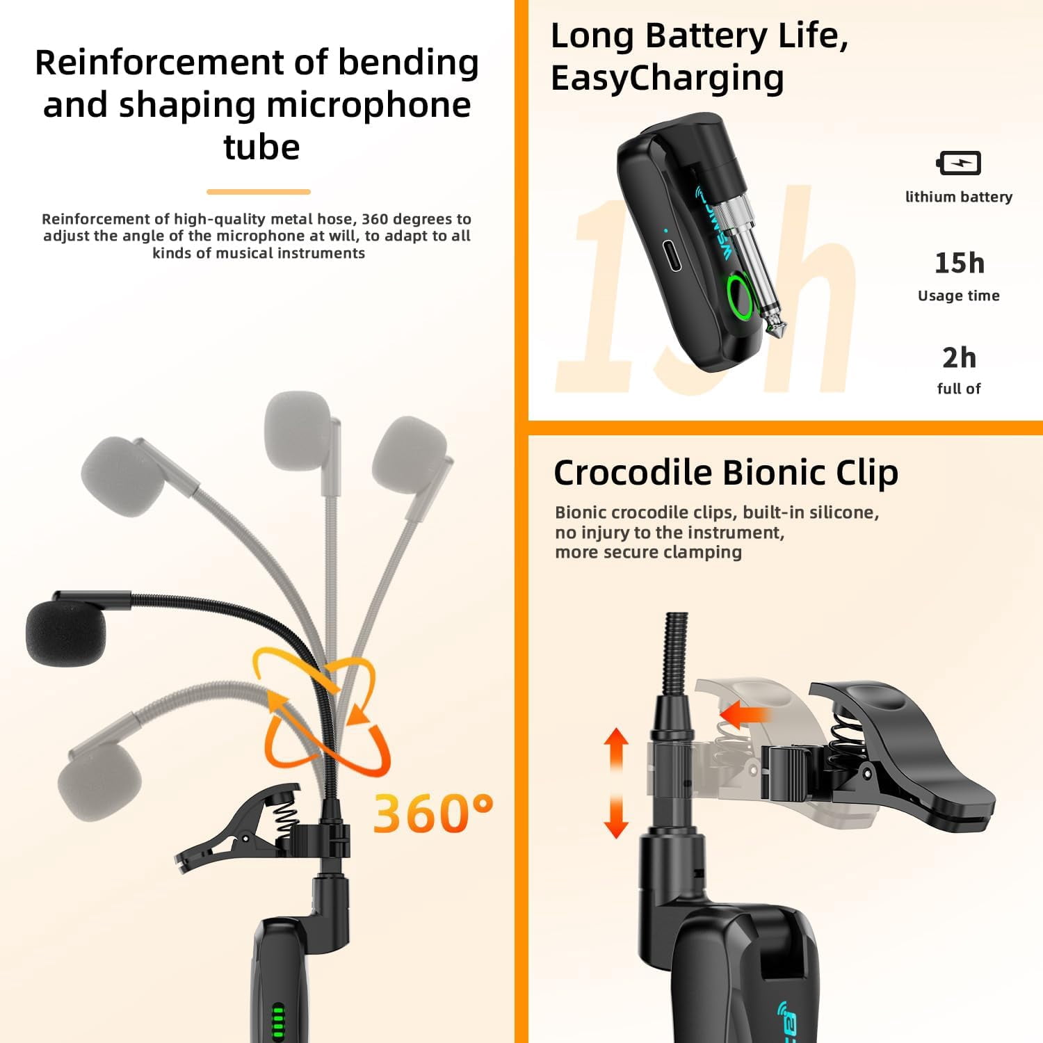 Wireless Saxophone Microphone System, Clip on Instrument Microphone, 2.4G Wireless Instrument Transmitter Receiver, 360° Adjustable Mic, Unidirectional Pickup, 100ft Range for Saxophone Trumpet, Blac