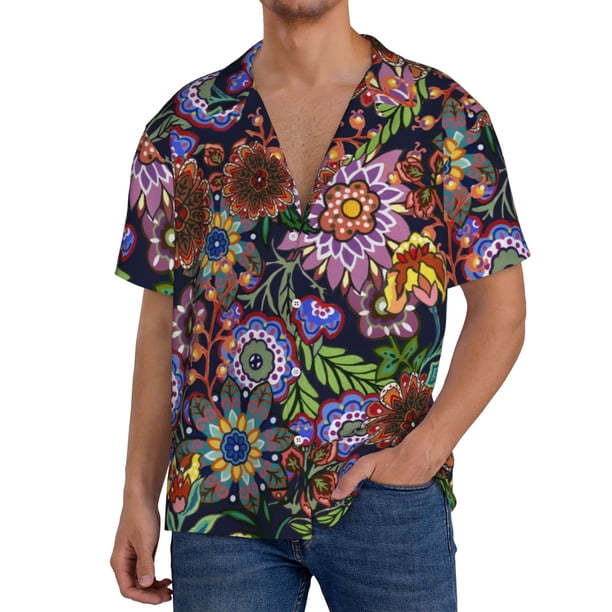 Fotbe Vintage Floral Camisa Estampada de Manga Corta para Hombre, Casual de Verano, Estilo Playero, Sin Arrugas-Small