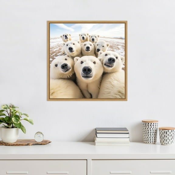 Kate and Laurel Sylvie Funny Animal Polar Bear Selfie Framed Canvas Wall Art by The Creative Bunch Studio, 22x22 Natural, Funny Cute Animal Art for Wall