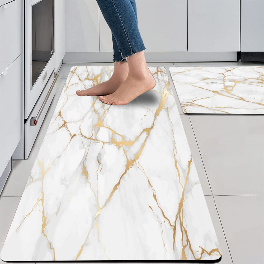 Gold White Kitchen Rugs Cushioned Anti Fatigue 2 Piece Set Marble
