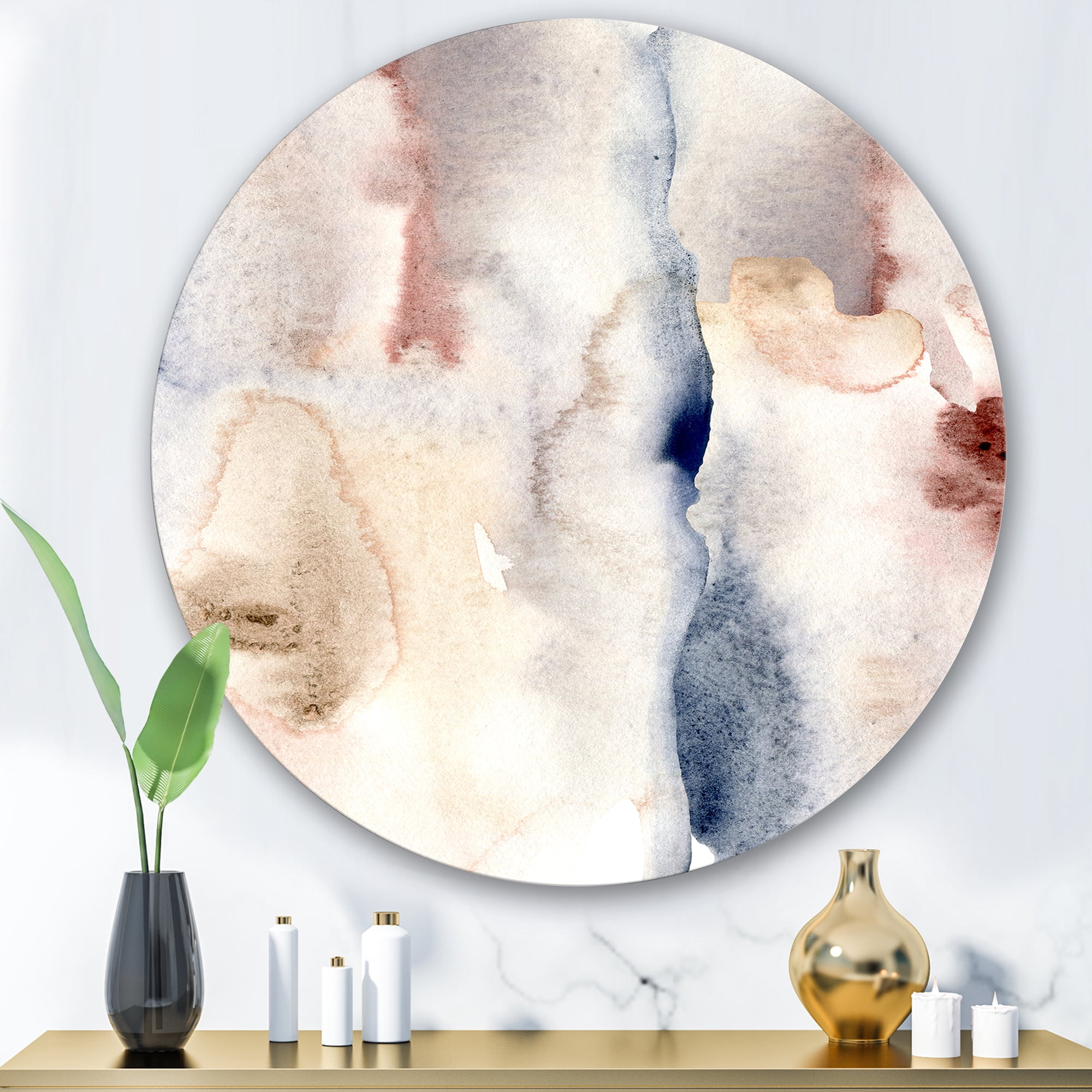 Designart 'Pastel Abstract With Pink Dark Blue and Gray Spots' Modern Circle Metal Wall Art 29x29 - Disc of 29