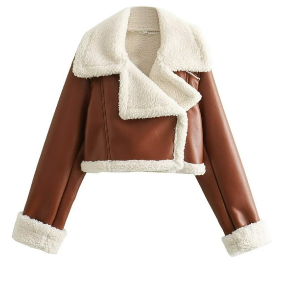 APEXFWDT Women Cropped Bomber Jacket Winter Leather Jacket Thicken Fleece Sherpa Lined Motorcycle Jacket Faux Furry Shearling Fluffy Coat