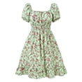 thumbnail image 5 of VBVC Women's Smocked Square Neck Floral Midi Dress , Ladies' Short Puff Sleeve A-Line Dress , Summer Ruffle Hem Swing Dress For Women, S-5XL, 5 of 7