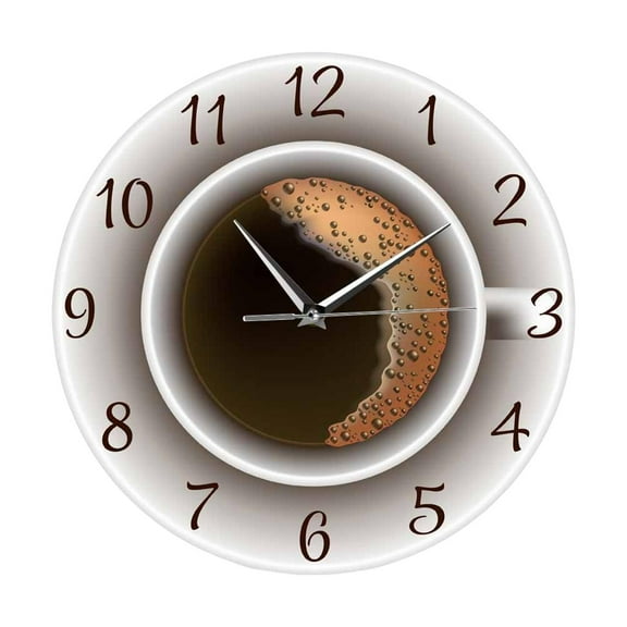 Round Coffee Cup Wall Clocks 12 inch, for Kitchen Installation Quickly Silent Mode Accurate Movement Printed Decal Image