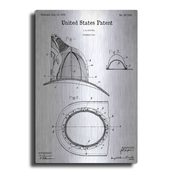 Luxe Metal Art 'Fireman's Hat Blueprint Patent White' Acrylic Glass Wall Art, 12"x16"