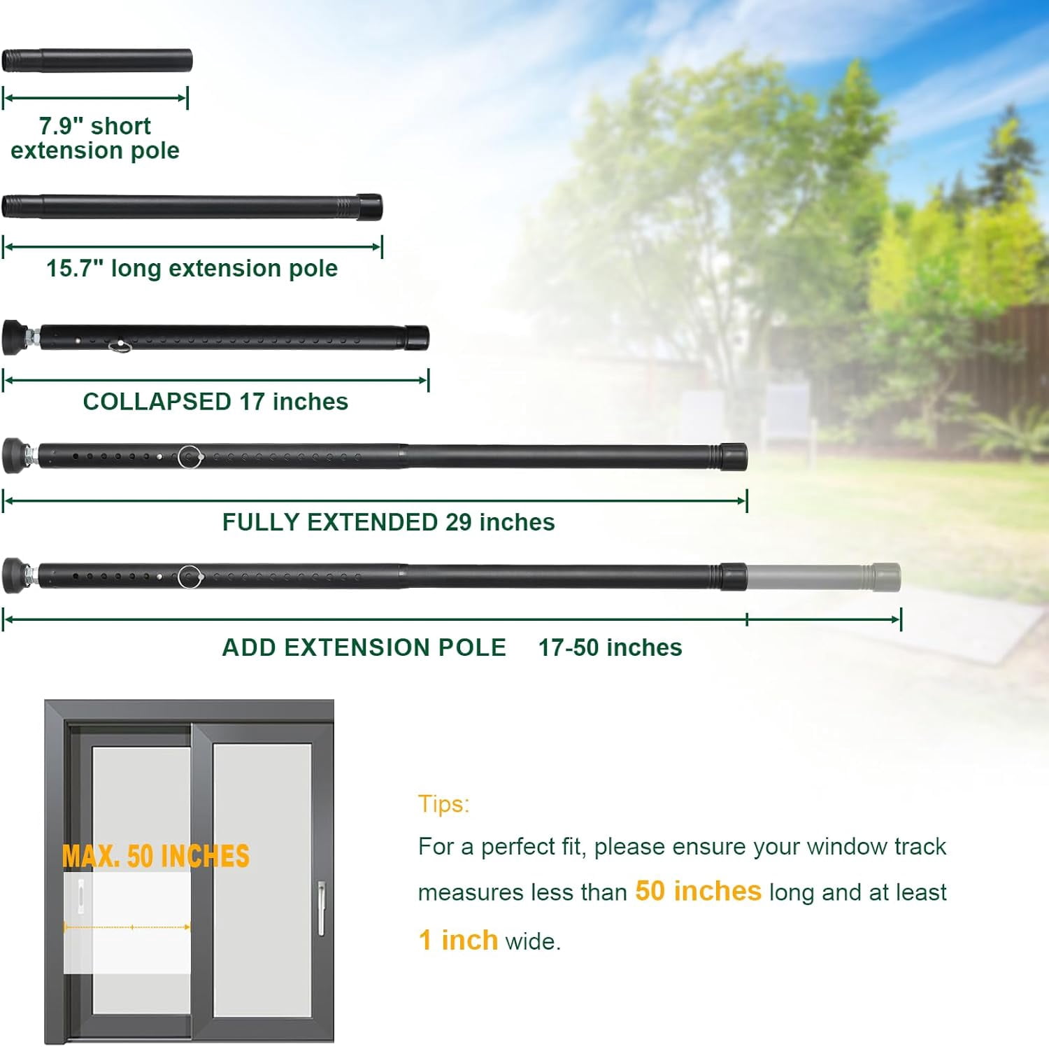 Window Locks & Sliding Door Security Bar, 2 Pack Adjustable Child Safety Lock for Up/Down/Horizontal Windows & Sliding Glass Doors from Inside, for Apartment & Patio (17-50 Inch)