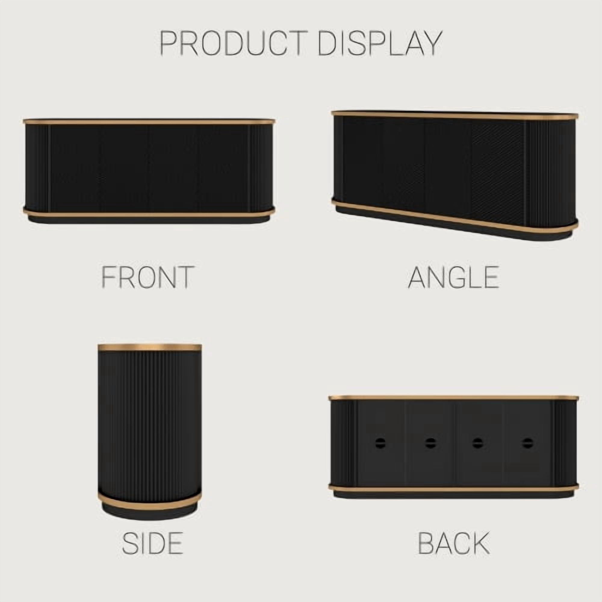 63" Diagonal Fluted Sideboard Cabinet with Gold Trim & Faux Marble Top – Buffet Credenza TV Stand for Living Room, Dining Room, Black