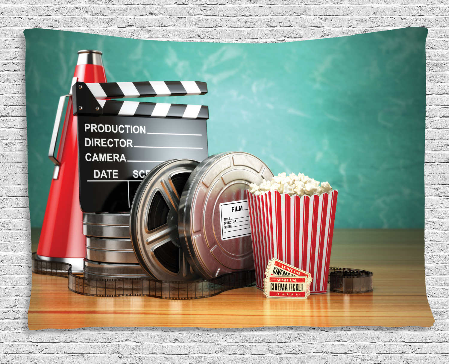 Movie Theater Tapestry, Production Theme 3D Film Reels Clapperboard