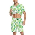 thumbnail image 3 of joogoo Men's Pajama Set Green and White Geometric Lattice V-Neck Pj Shorts Set 2 Piece Loungewear Sleepwear S, 3 of 7