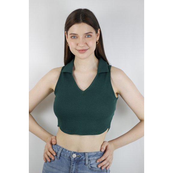 Artyska Women's V Neck Collared Green Ribbed Crop Top