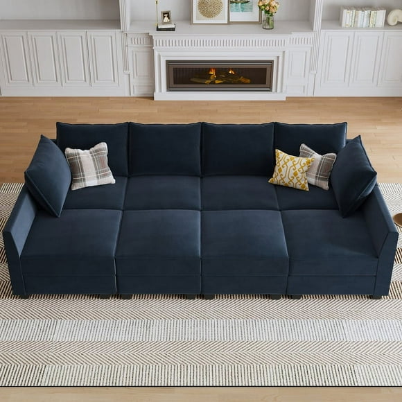 HONBAY Velvet Oversized Sleeper Sofa Bed with Storage and Reversible Chaises for Living Room and Apartment, Navy Blue