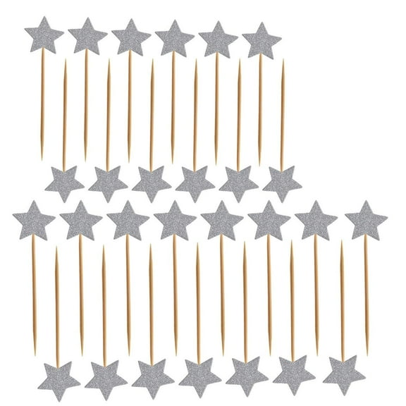 Topbathy 50Pcs Silver Glitter Star Cupcake Toppers for Birthday, Wedding, Baby Shower and Party Decorations