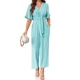 thumbnail image 2 of Summer V-neck Womens Wide Leg Jumpsuits Short Sleeve Tie Knot Front Long Romper, 2 of 6