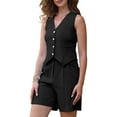 thumbnail image 4 of INSPIRE CHIC 2 Piece Outfit Button Down V Neck Vest Waistcoat and Pockets Shorts Set Sleeveless Business Casual Matching Sets XS Black, 4 of 6