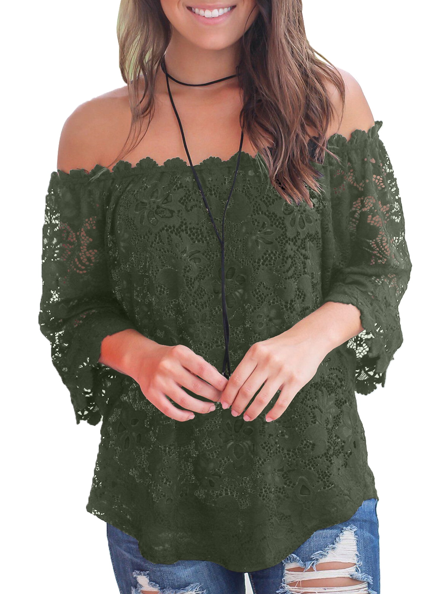MIHOLL Women's Off Shoulder Lace Tops Casual Loose Blouse 3/4 Sleeve ...