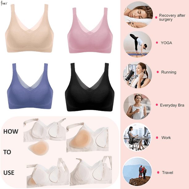 BIMEI Seamless Mastectomy Bra for Women Breast Prosthesis with Pockets  Silky Smooth Bras Soft Daily Full Coverage Bralettes Bras with Removable  Pads,Black,3XL 