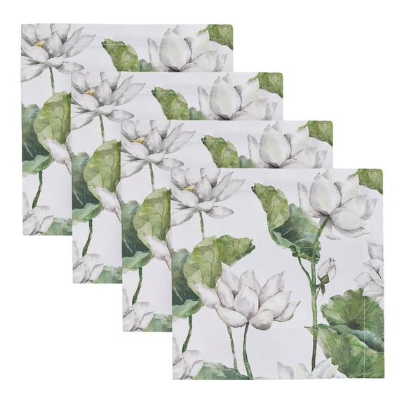 Split P White Lotus Green Floral Napkin Set of 4