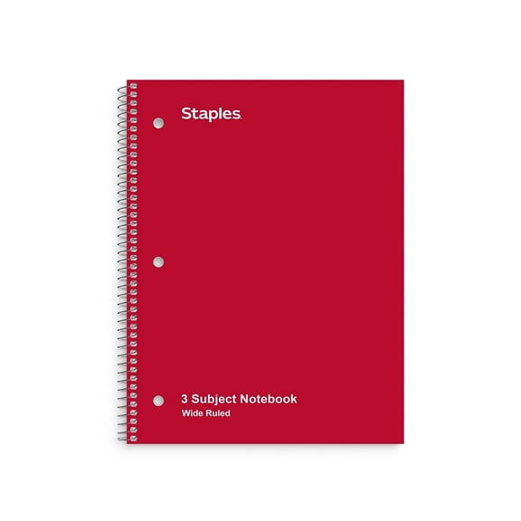 Staples 3-Subject Notebook 8" x 10.5" Wide Ruled 120 Sheets Assorted Colors 6/Carton ST11669CVS