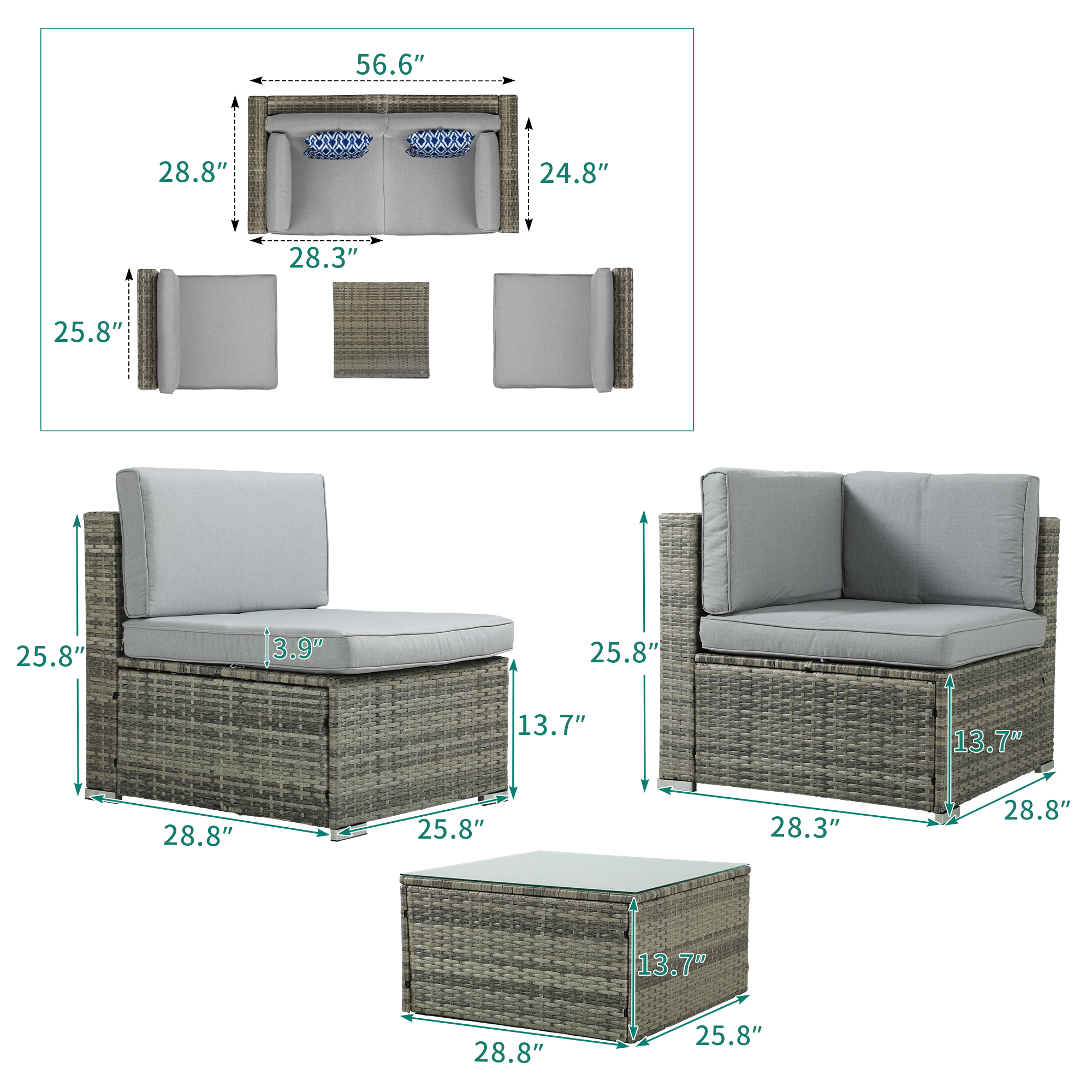 Dextrus 5 Piece Outdoor Patio Set, Wicker Sectional Sofas Rattan Conversation Set with Cushions, Pillows and Coffee Table