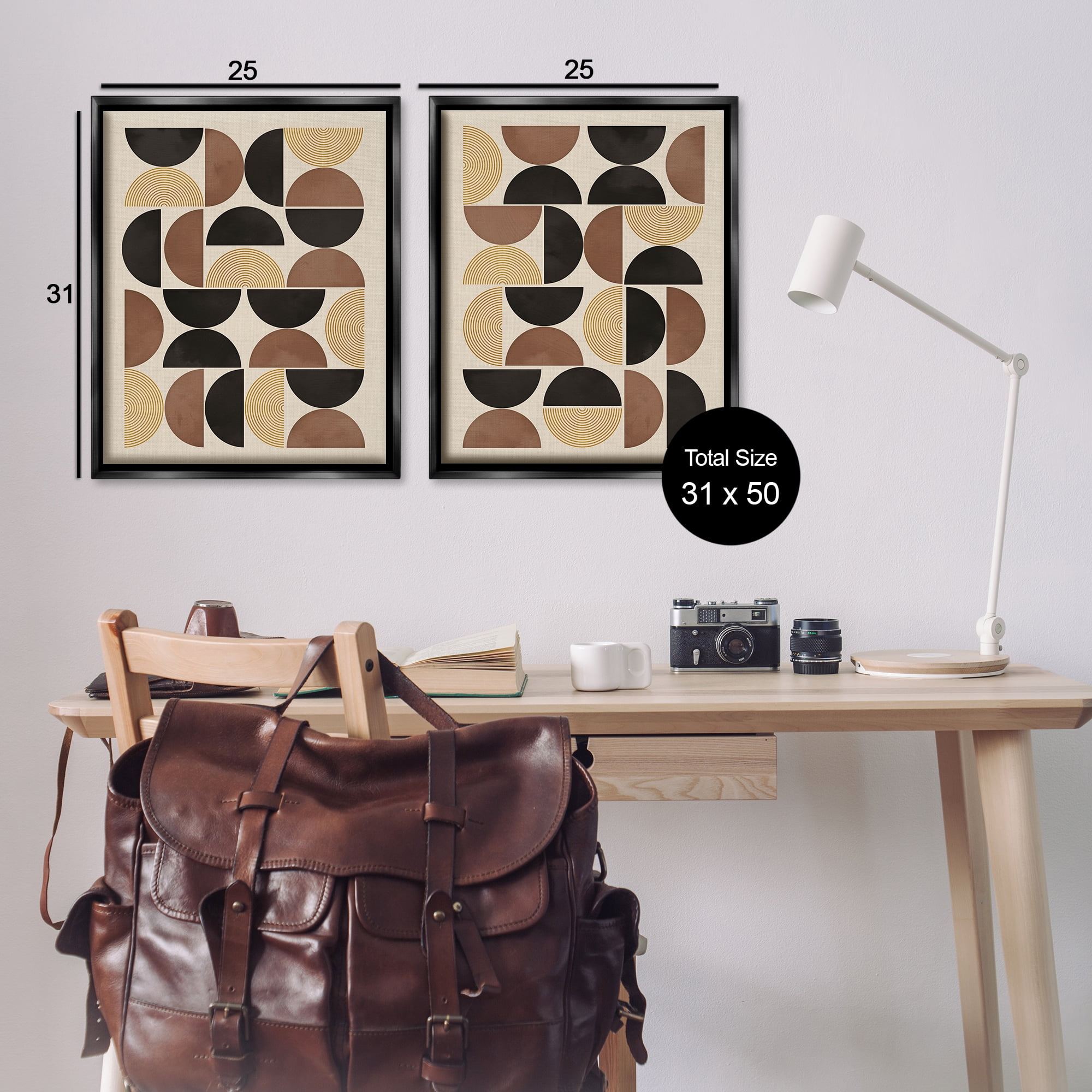 Stupell Industries Midcentury Geometric Semicircles Abstract Painting Black Floater Framed Canvas Art Print Wall Art, 31 x 25, Set of 2
