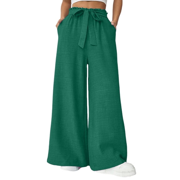 Lmueinov Women's Paperbag Waist Bow Tie Wide Leg Pants, Casual Hemp Polyester Blend Flowy High Waist Trousers with Pockets, S-XL