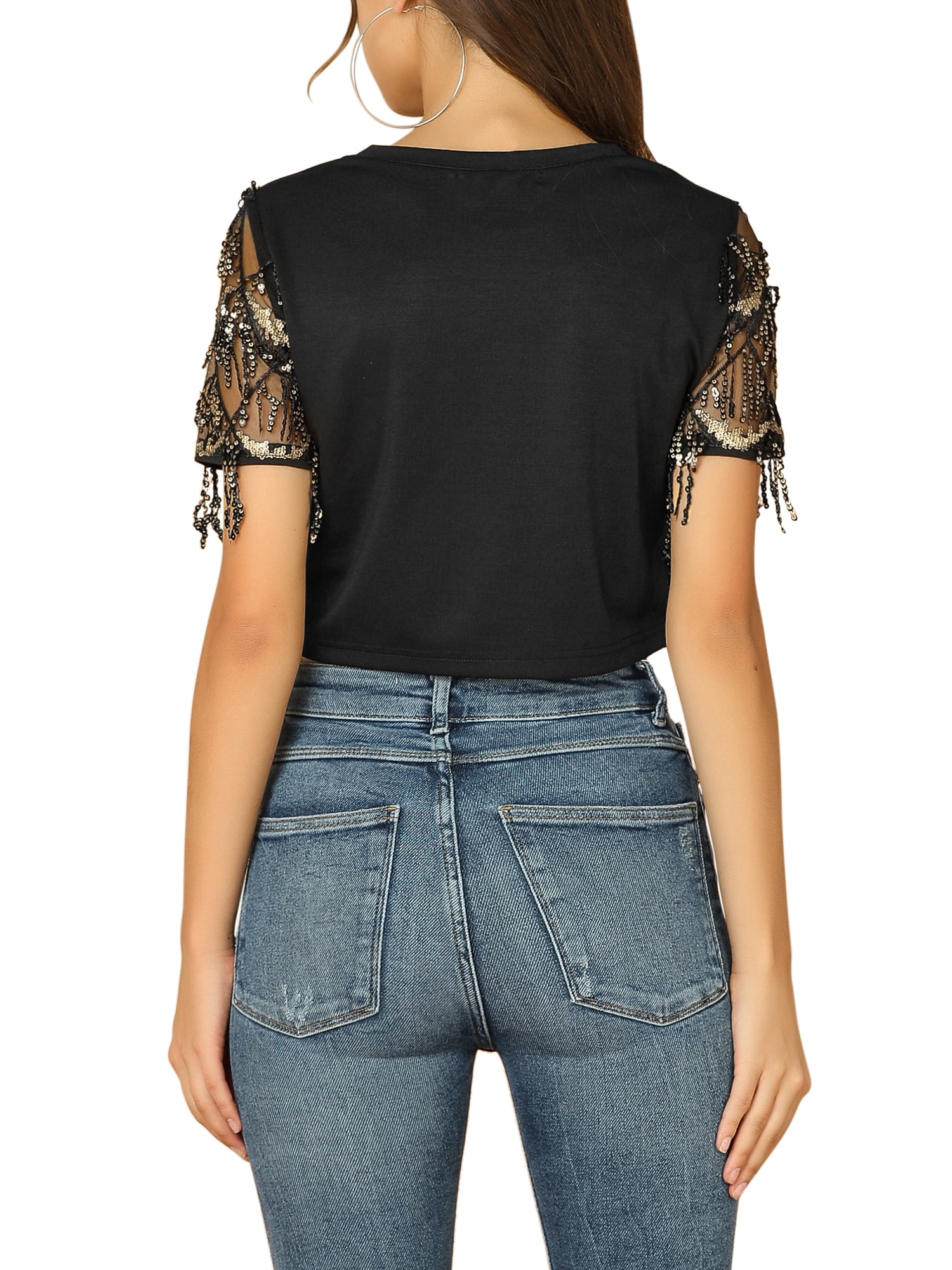 DARING DIVA Sequin Shiny Glitter Crop Top Tassel T-Shirt XL Black