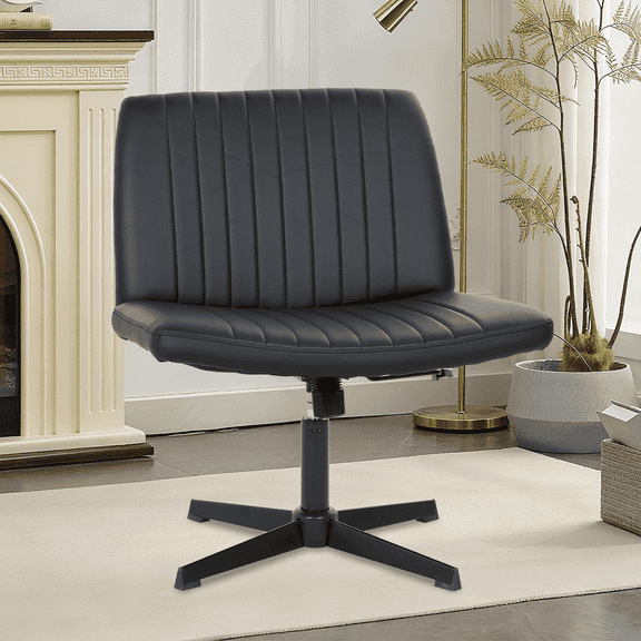 Dkelincs Criss Cross Chair No Wheels Comfy Wide Cross Legged Armless Vanity Chair Height Adjustable Office Desk Chair for Bedroom Makeup Room, Support 250 lbs, Black