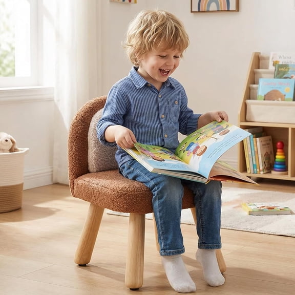 Kid Chair, Toddler Chairs  Sherpa Chair, Wood Toddler Couch Sofa, Soft Kid Reading Chair, Boy Girls Desk Chairs for Gifts, Kids Armless Chair with Padded Back for Playroom/Bedroom, Brown