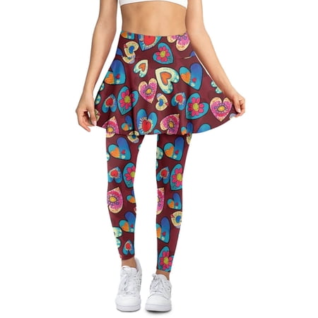 COEQINE Golf Skirted Legging for Women with Pockets High Waist Comfy Tennis Leggings with Skirts Abstraction Heart and Floral Dark Red Print Full Length Yoga Pants for Valentine s Day 3XL
