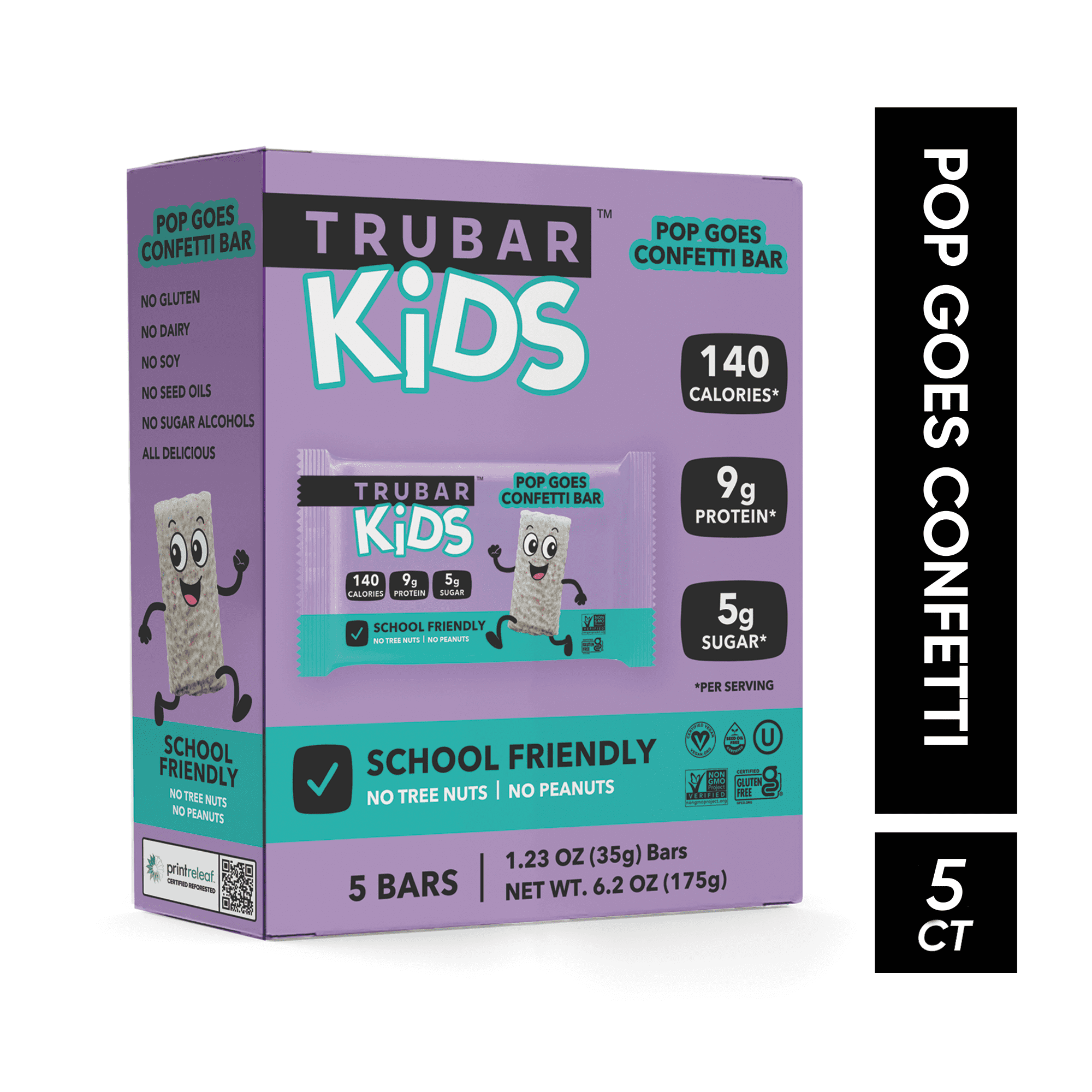 TRUBAR Kids Pop Goes Confetti Cake Bar, Plant-Based Protein Bar, Vegan, Gluten-Free, 5 Count